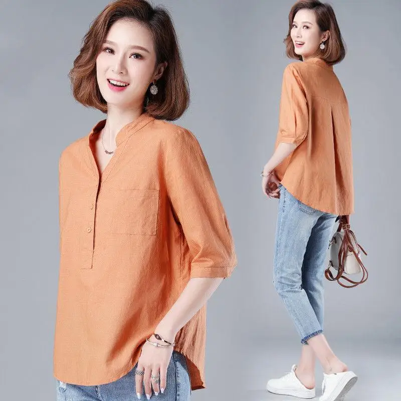 

New 2021 Summer Women Cotton Linen Short Sleeve Blouses Shirts Femme Casual V-neck Pockets Clothing Blouses Shirt Tops Fashion