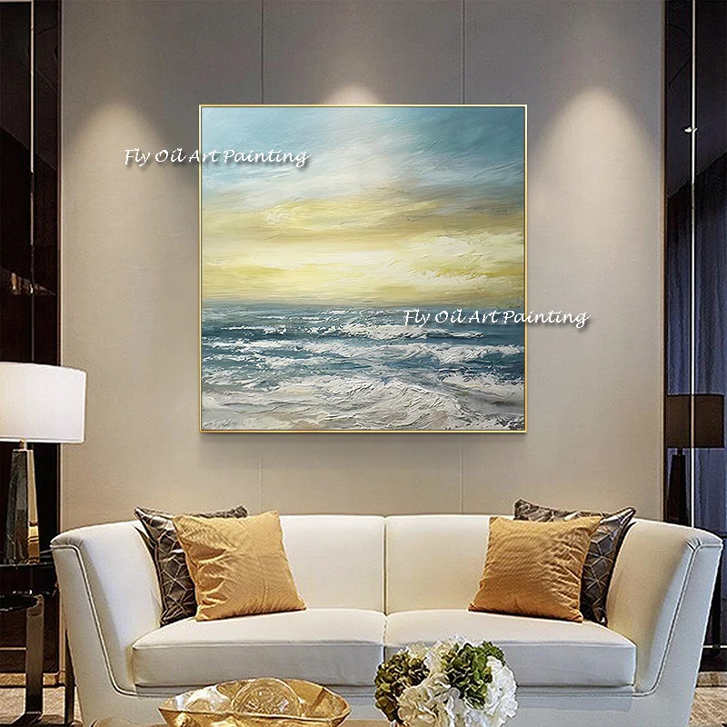 

Natural Abstract Sunset Ocean Blue Landscape Oil Painting Canvas Cuadros Handmade Scandinavian Wall Art Picture for Living Room