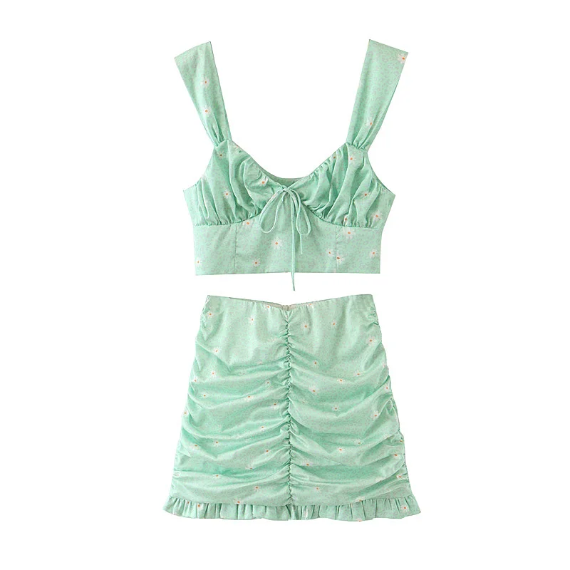 Новый зеленый Леопардовый маленький цветочный топ на шнуровке + плиссированная