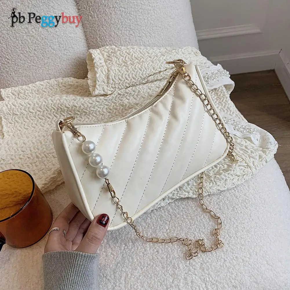 

Women Shoulder Bag Embroidery Thread Leather Handbags Pearl Gold Chain Fashion Travel Casual Purse Small Square Bag