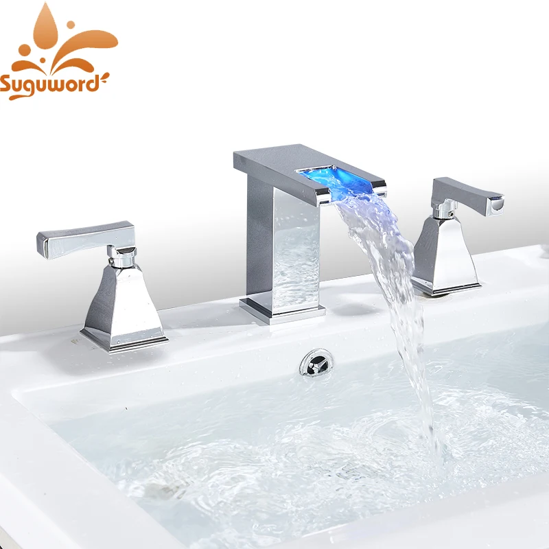 Suguword светодиодный хромированный кран для раковины ванной комнаты с 3 отверстиями