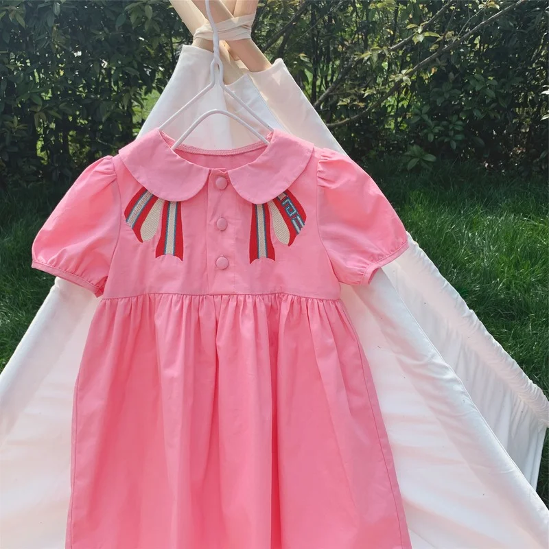 Girl Doll Collar College Dress Princess 2019 Summer Short Sleeve Bowtie Pattern Dresses Children Puff Causal Kids | Детская одежда и