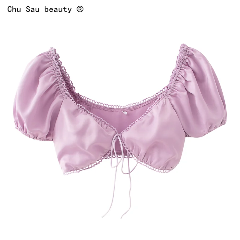 

Женская винтажная короткая рубашка, однотонная белая рубашка с коротким рукавом-фонариком и шнуровкой на груди, лето 2021