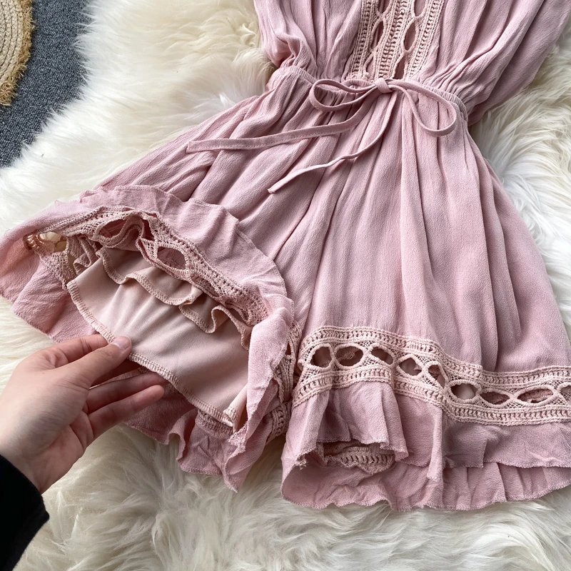 

2020 slim Boho Deep v neck Short sexy hollow out tie Jumpsuit Women Summer high waist casual tank Playsuit Beach Holiday Romper