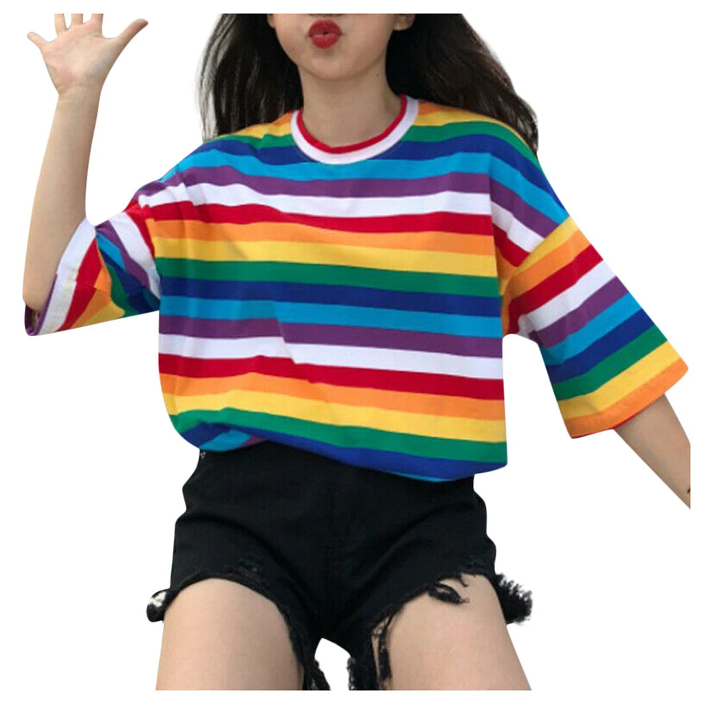 JAYCOSIN Женская Зимняя Блузка Harajuku с коротким рукавом Радужная полосатая рубашка