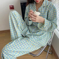 cute winter long sleeve leisure sleepwear korean purple homewear pajamas nightwear for women grid girls suit loose set z8k5