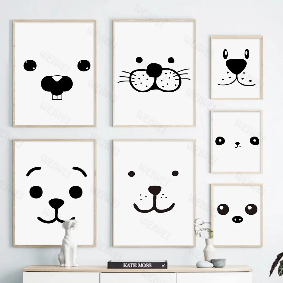 

Kawaii Bear Dog Face Wall Art Canvas Painting Black White Cartoon Nordic Posters and Prints Wall Pictures for Living Room Decor