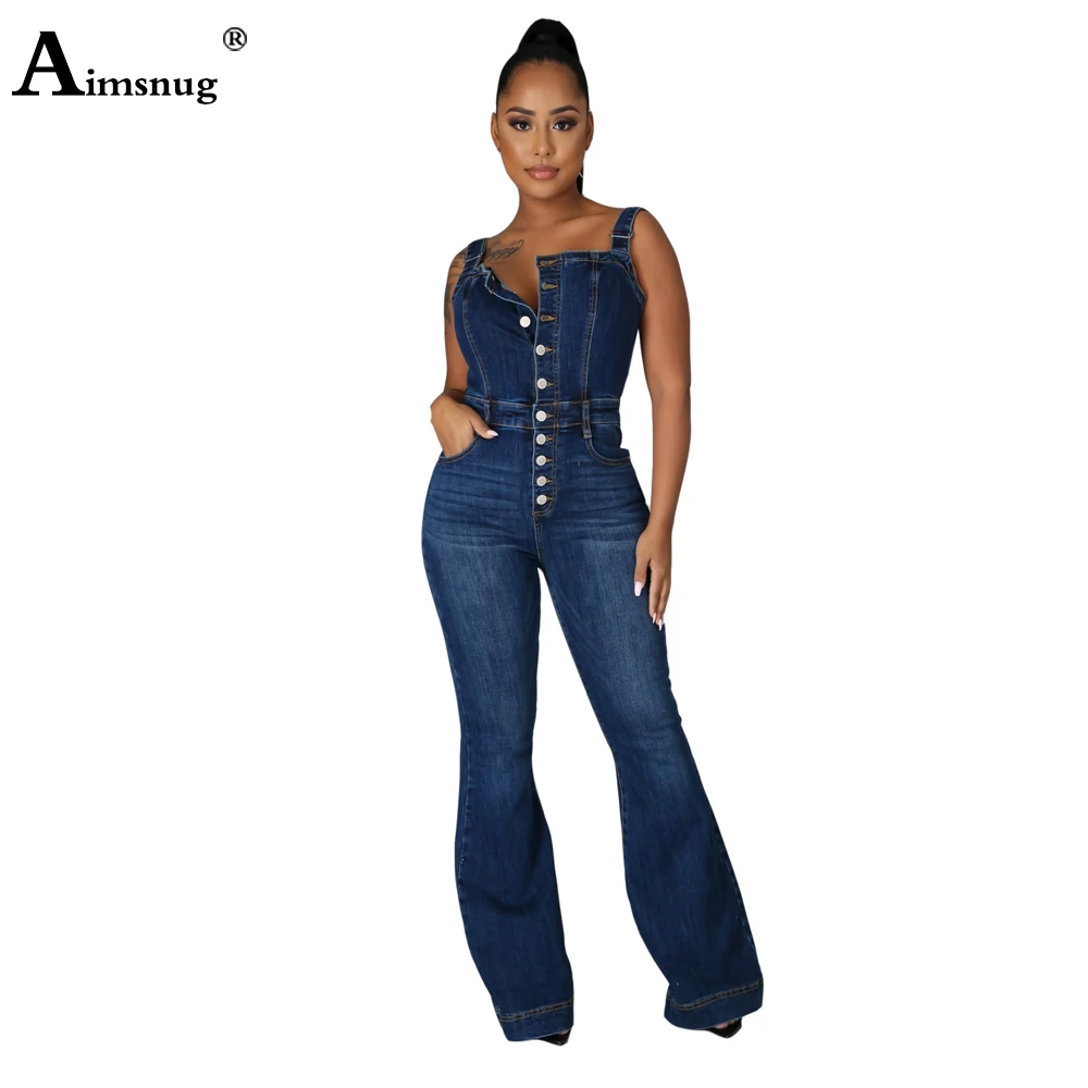 Aimsnug Plus Size Women Fashion Jeans Demin Jumpsuit Sexy Flare Pants Dark Blue Denim Bodysuits 2021 Single-Breasted Overalls