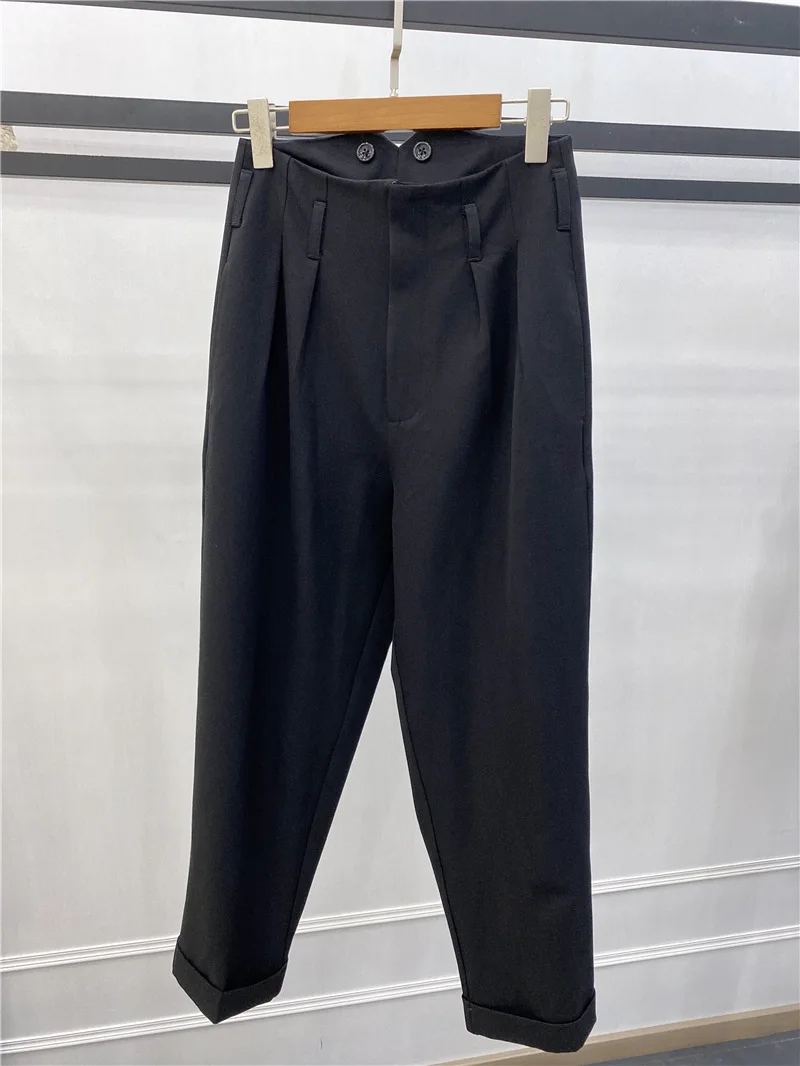 Women Pants Solid Color Ankle-length Rolled Office Lady Trousers with Pockets