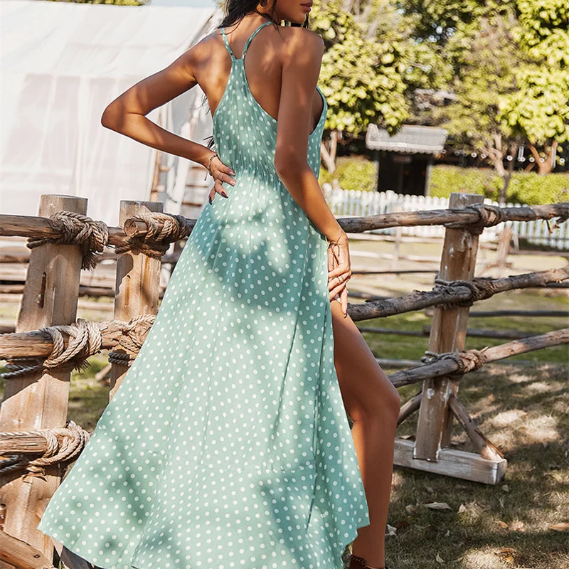 

Ladies Sexy Sleeveless Dot Print Dress Women Backless High Waist Bohemian Party Long Summer Dress Women Sundress Vestidos Female