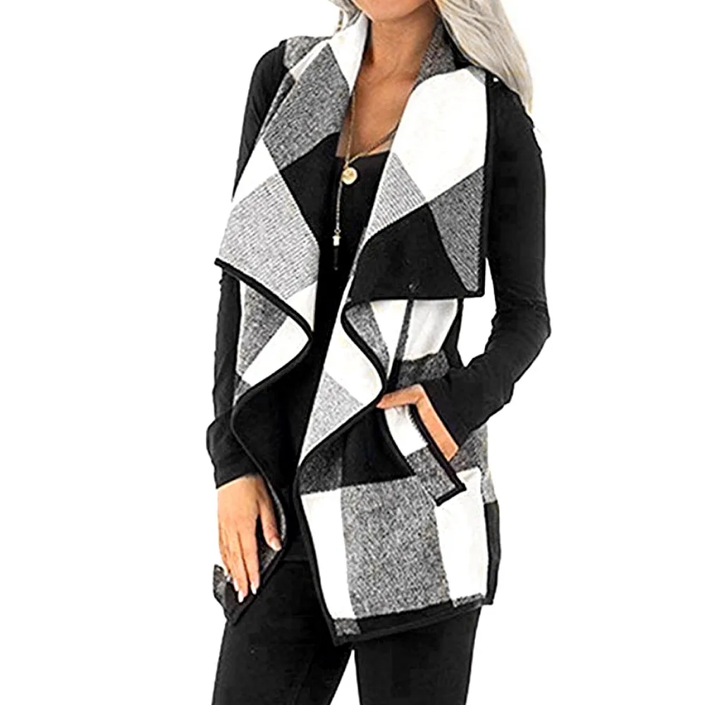 Женский клетчатый жилет с отложным воротником без рукавов | Женская одежда