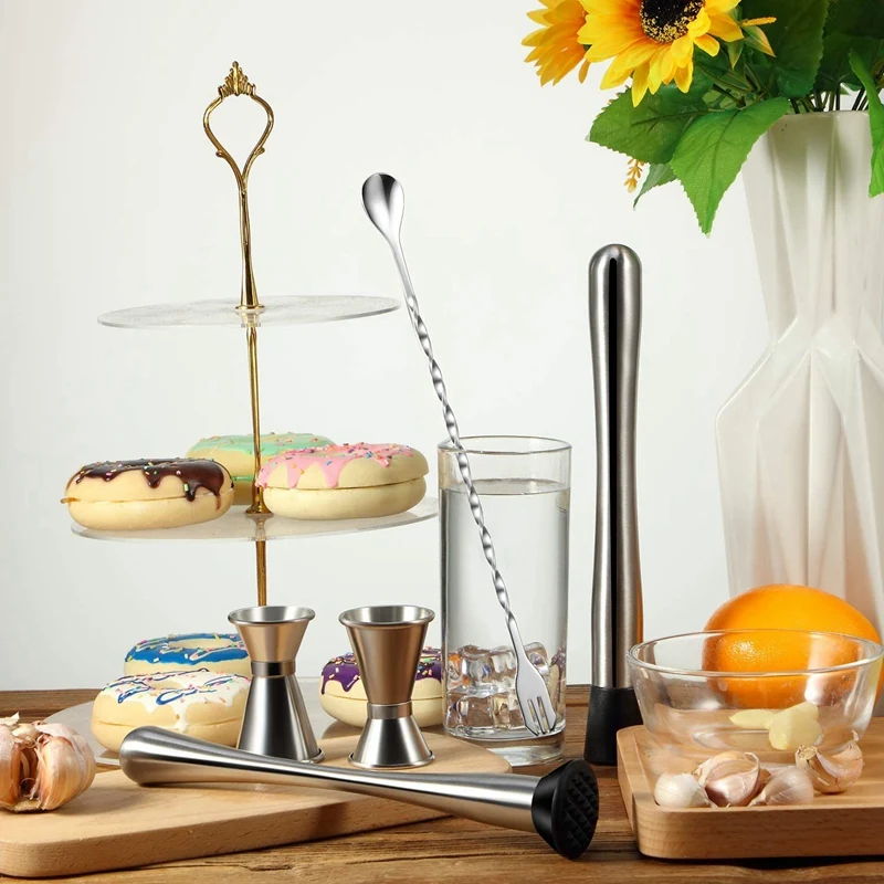 

New 6 Pcs Stainless Steel Cocktail Muddler, Bar Mixing Spoon and Stainless Steel Jiggers Stainless Steel Cocktail Shaker Set
