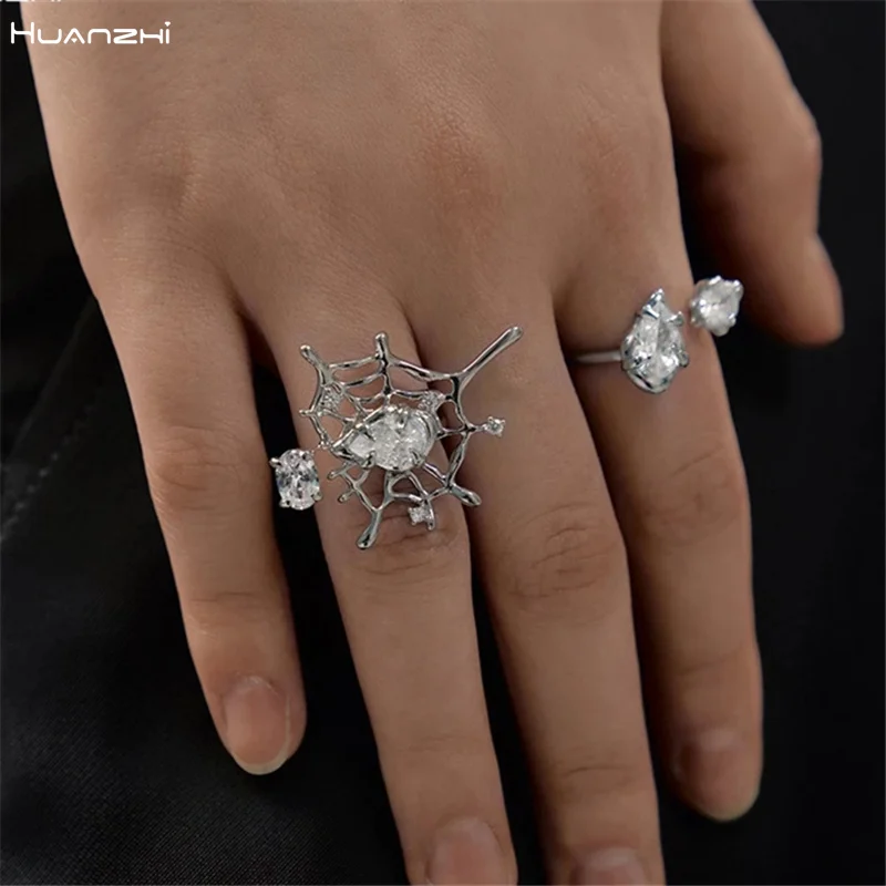 HUANZHI 2022 INS Sliver Color Zircon Spider Web Water Droplets Geometric Irregular Hollow Rings for Women Girls Party Jewelry |