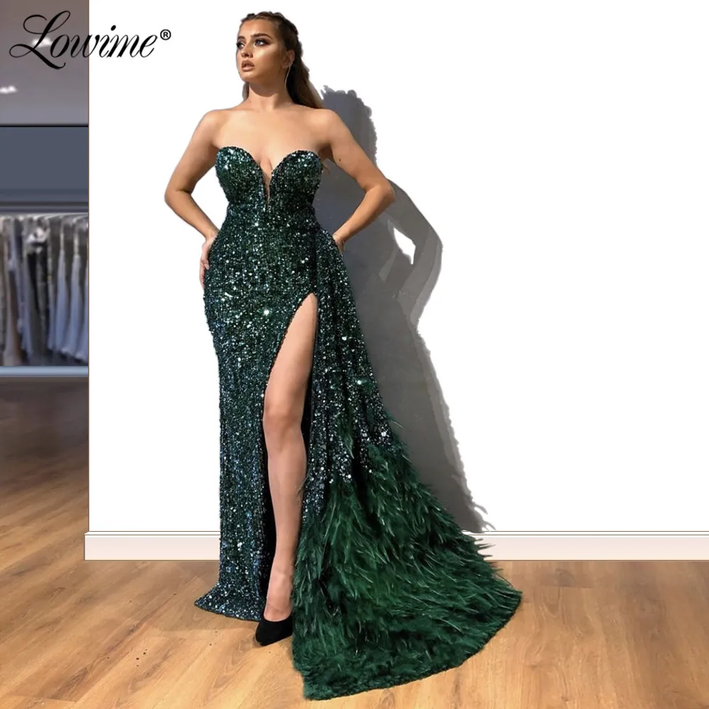 

Feathers Green Party Dress Hot Sexy High Split Side Sequins Prom Dresses 2020 Custom African Evening Gown Evening Dresses Long