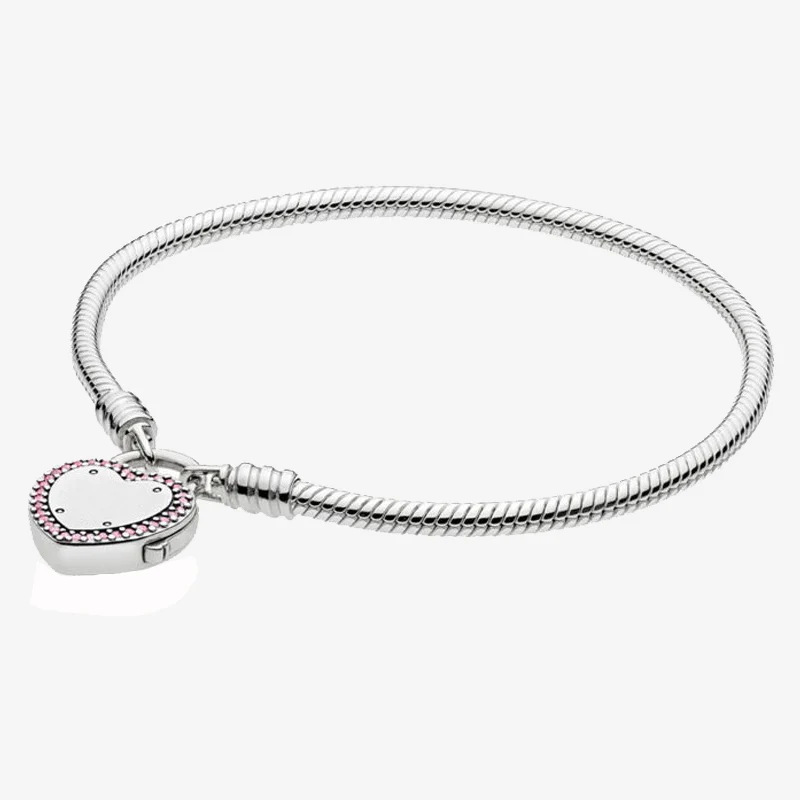 

925 Sterling Silver Pan Bracelet Shiny Heart-shaped Chain Bracelet Fit European Charm Bracelets Women Jewelry