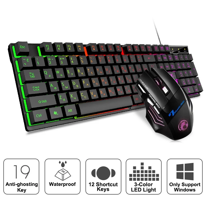 

Игровая клавиатура RGB, игровая клавиатура и мышь с подсветкой, клавиши USB 104, проводная эргономичная Русская клавиатура для ПК и ноутбука