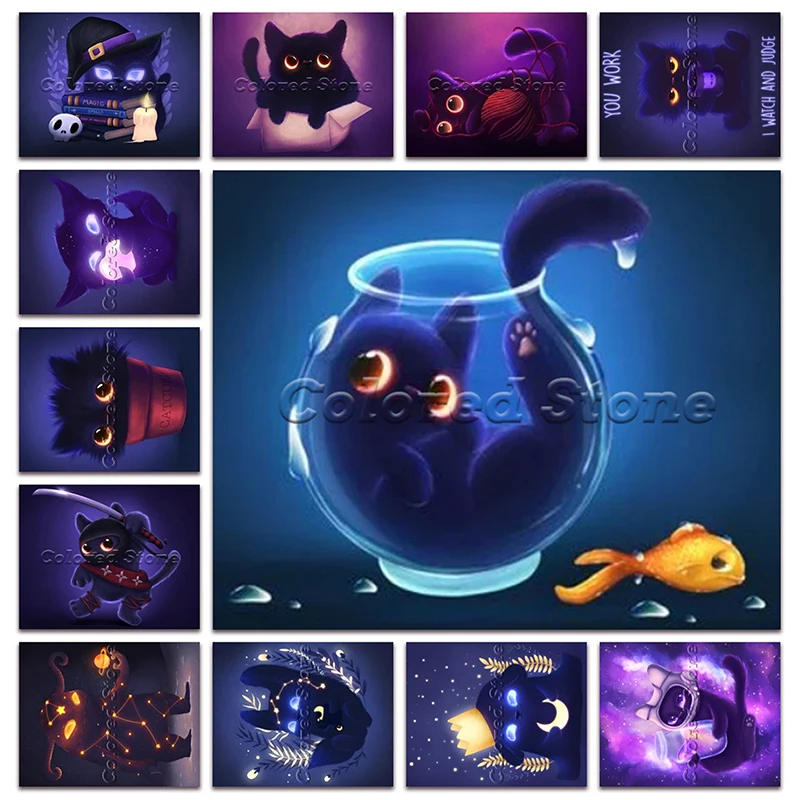 

New Diamond painting Cartoon Cat kitten starry sky fish 5D Full Square Drill embroidery Cross stitch 3D Round mosaic Drawing 876