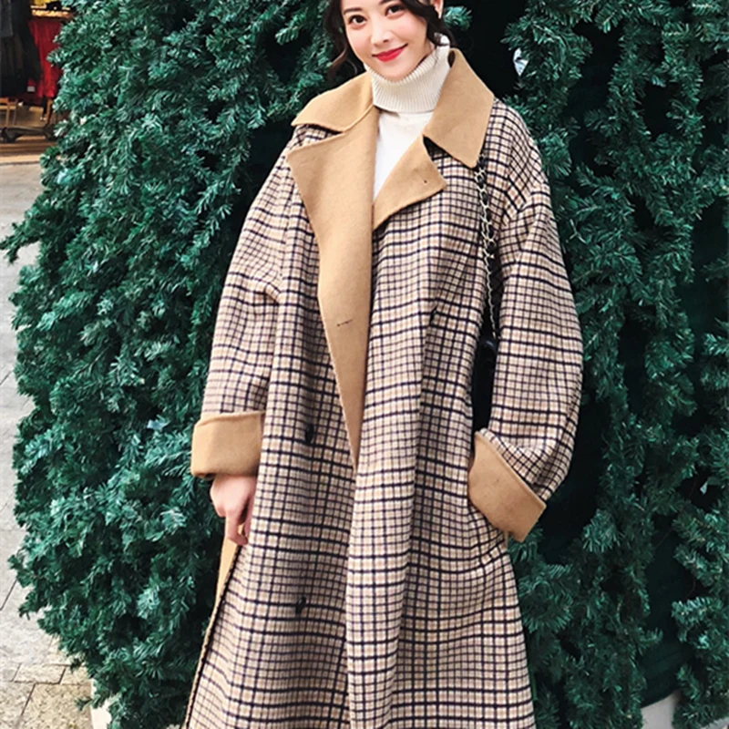 

V-Neck New Winter Double Women Breasted Dorp Shoulder Plaid Wool Coat Female Loose Casual Comfortable Tweed Coat ZX2249