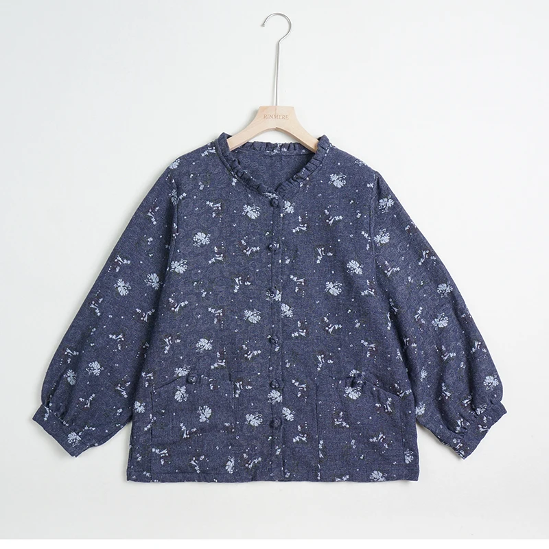 

Japan Style Mori Girl Floral Print Lantern Long Sleeve Cotton Linen V-Neck Women Blouse Women