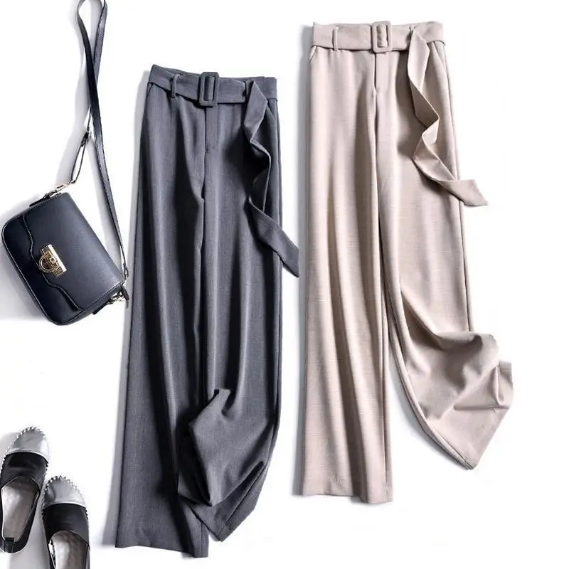 

2020 Autumn Summer Office Lady Wide Leg Straight Pants Casual Womens Formal High Waist Sashes Trousers Full Length Suit Pants