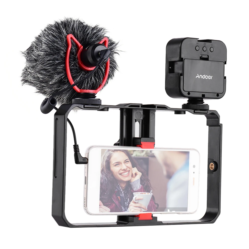 

Andoer Smartphone Video Cage Kit with Mini LED Fill Lights Mini Microphone Cold Shoe Mounts for Phone Recording Live Streaming