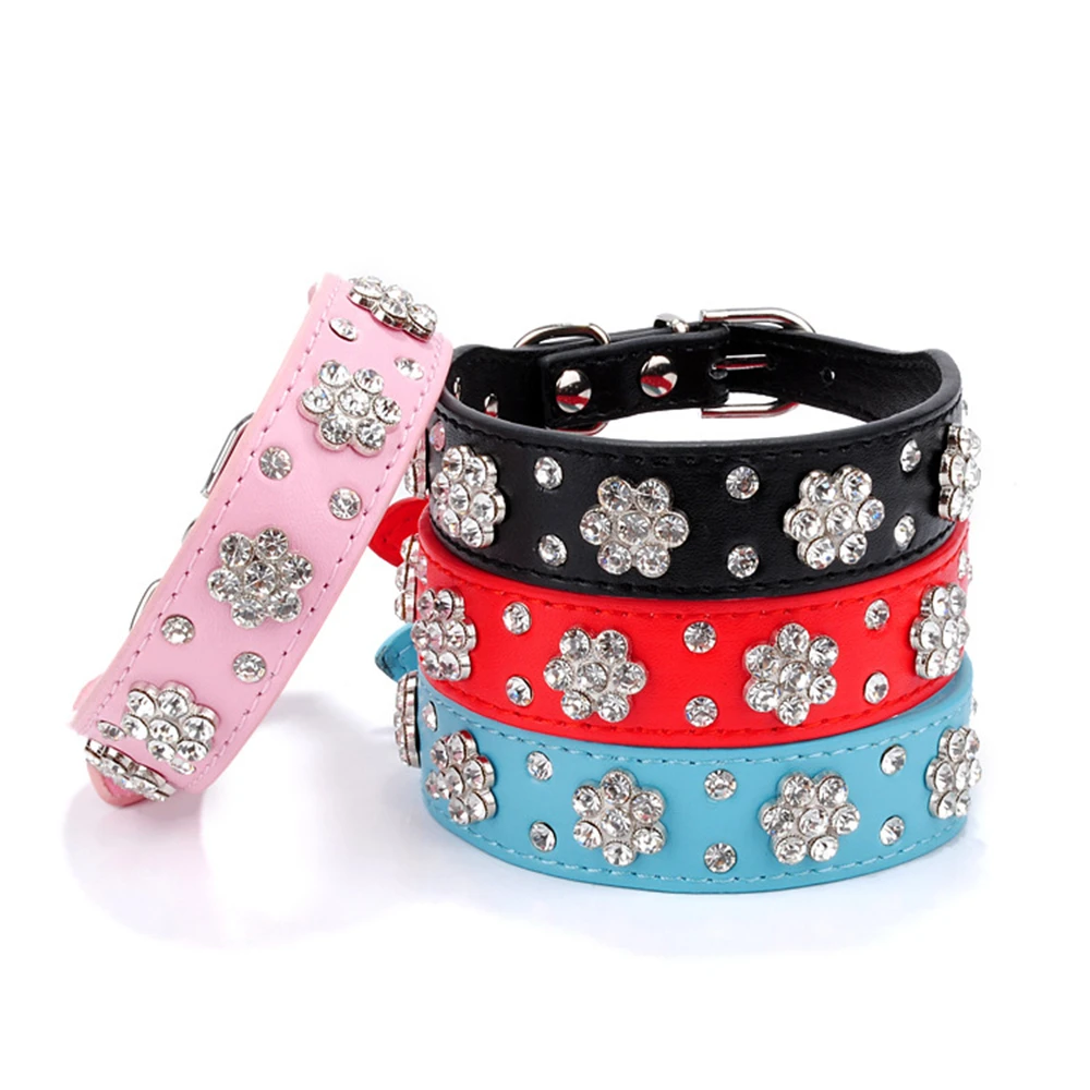 

Rhinestone PU Leather Dog Collar Fashion Pet Puppy Necklace Bling Crystal Studded Cat Collars Pink Red For Small Medium Dogs