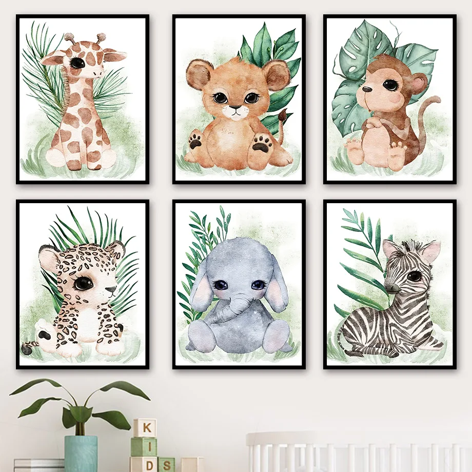 

Green Leaf Leopard Zebra Lion Giraffe Elephant ​Nordic Posters And Prints Wall Art Canvas Painting Wall Pictures Kids Room Decor