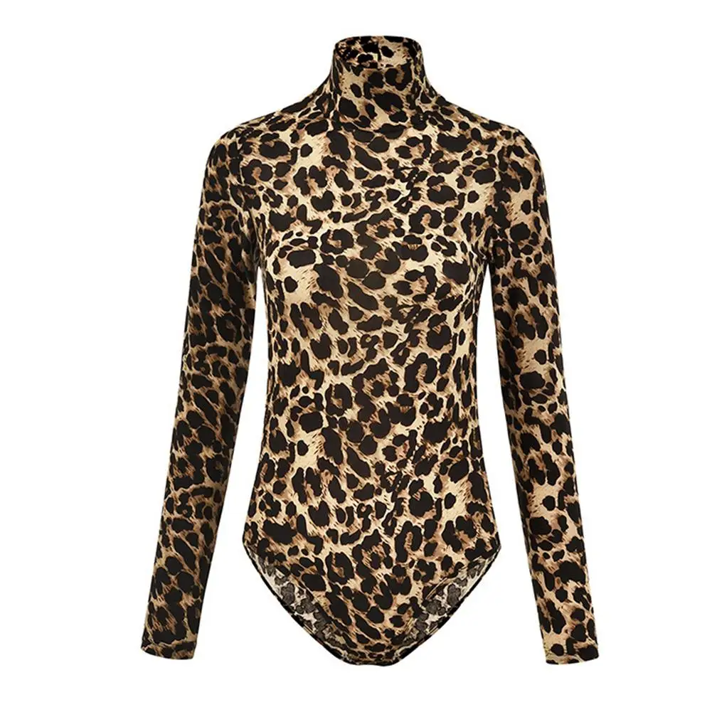 

Sexy Women Leopard Print Turtleneck Long Sleeve Skinny Bodysuit Jumpsuit Romper Featuring snake skin/leopard print Xmas gifts