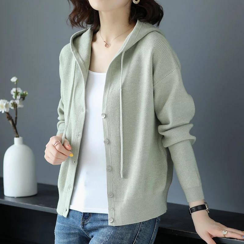 

Casual Long Sleeve Hooded Solid Sweaters Coat Women Fashion Knitted Sweatshir Cardigan Spring New Knitwear Tops Korean Style