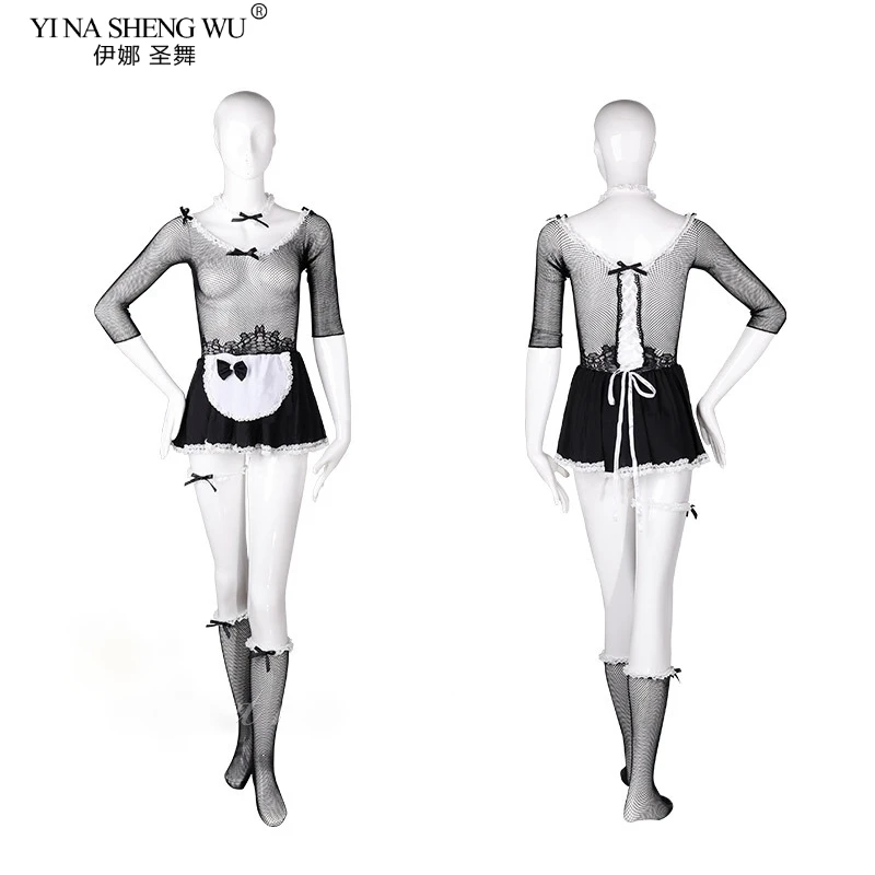 

Sexy Erotic Lingerie Sets Women Transparent Dress Maid Cosplay Costume See Through Backless Dress Stockings Set Lace Underwear