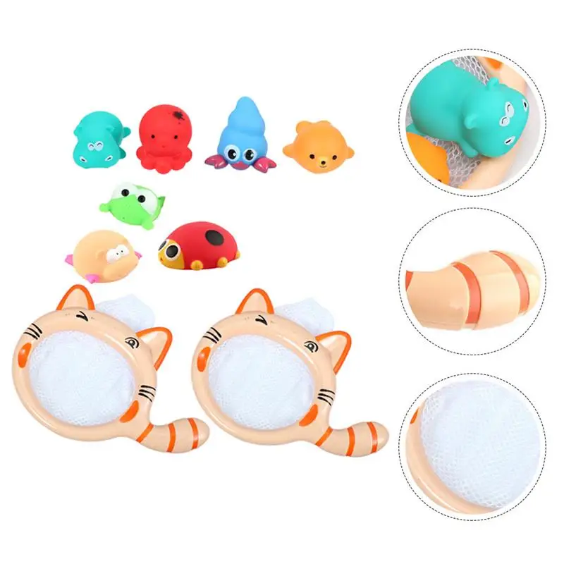 

1 Set of 9Pcs Children Fishing Net Animal Toy Kids Bathroom Spray Water Toy