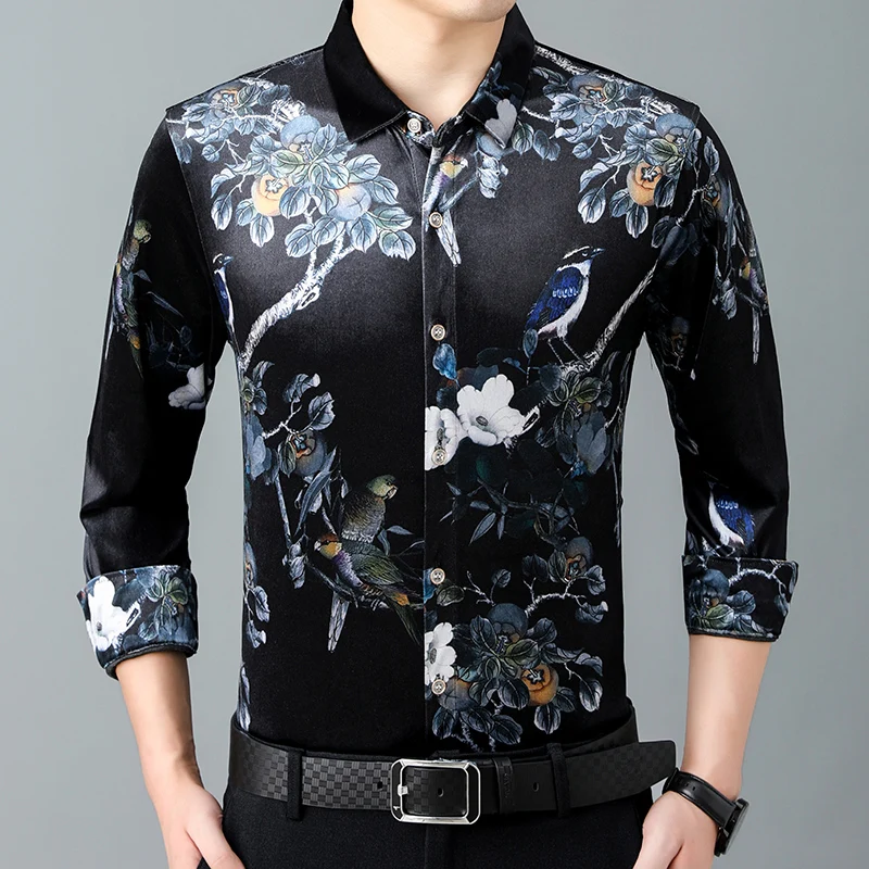 

Flower and bird pattern printing fashion casual long sleeve shirt Autumn high-quality velvet soft smooth luxury men shirt M-XXXL