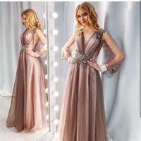 elegant evening dress 2021 a line v neck illusion tulle long sleeve sequined backless floor length women formal party prom gown