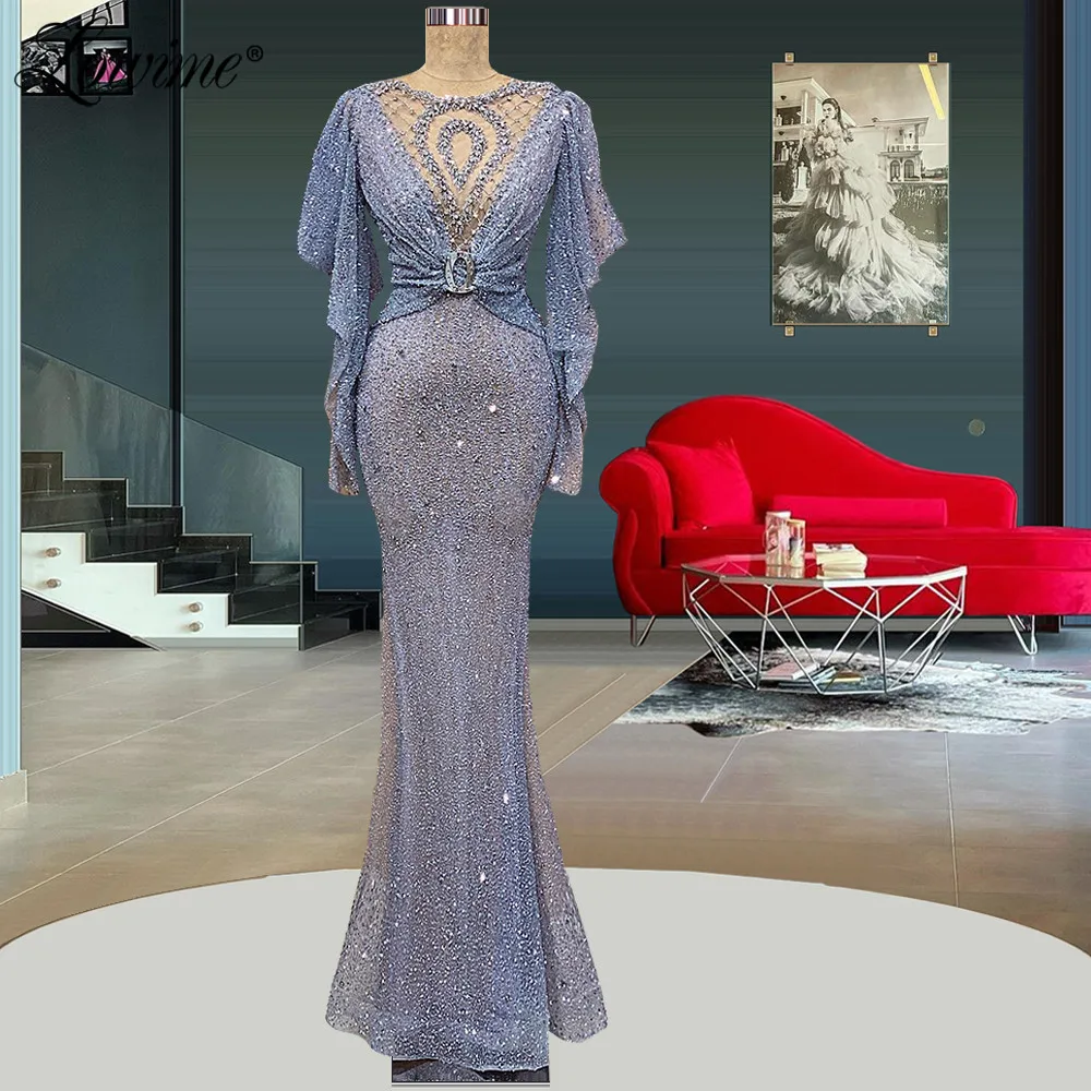 

Lowime 2022 Новое поступление, индивидуальные синие Бусины, Великолепные Длинные вечерние платья с длинным рукавом, Блестками, Бисером, женское ...