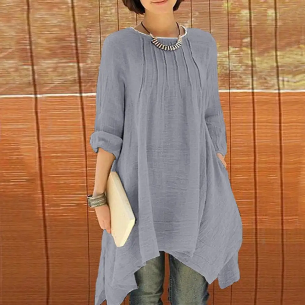

70% Hot Sell Women Autumn Solid Color Irregular Pleated Back Buttons Shirt Dress Loose Blouse