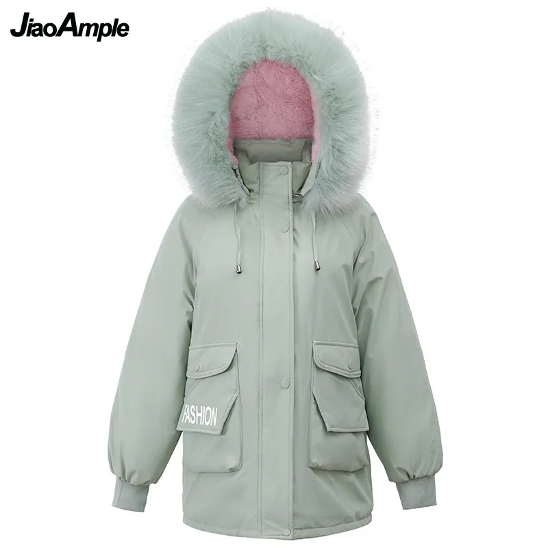 Winter Warm Thick Fur Cotton Jacket 2021 New Korean Student Fashion Packet Letter Hooded Long Coats Lady Snow Wear Black Outwear