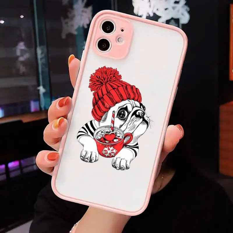 

Cute dog puppy Pug Bulldog Phone Cases Matte transparent For Pink iPhone 12 Mini 11 Pro XR XS Max 7 8 Plus X Back Cover