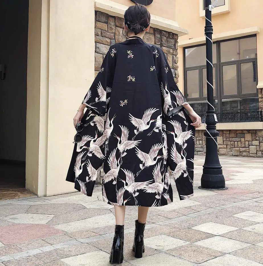 

Женский японский длинный кардиган-кимоно с традиционным принтом Haori, свободный летний пляжный халат-юката для женщин, уличная рубашка