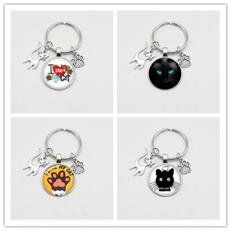 Стеклянный брелок с подвеской в виде кошки, милый брелок для ключей с животными