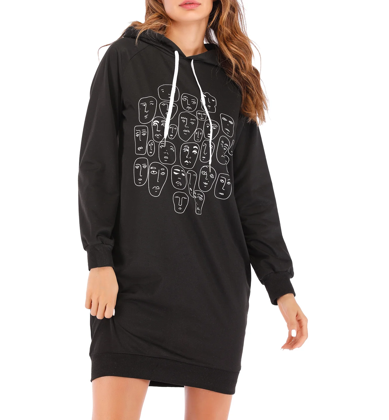 Женское хлопковое платье с капюшоном черное свитшот и сиамским рисунком Осень