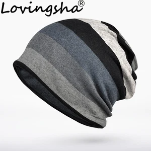 LOVINGSHA Autumn Winter Skullies Beanies Stripe Design Dual-use Women Hats For Ladies Thin Girl Fash