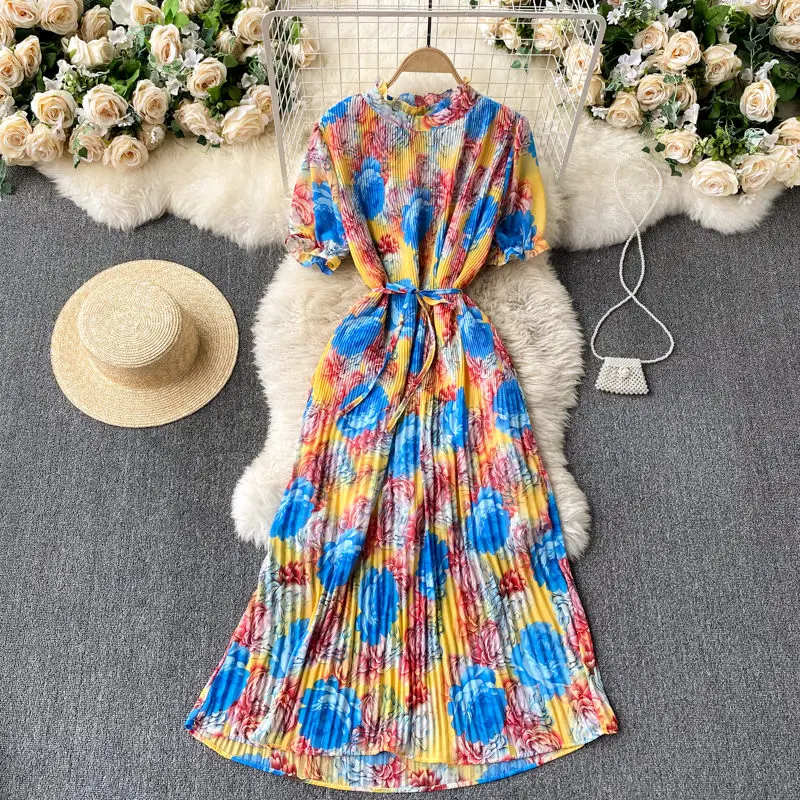 

Summer Dress For Women Clothing 2021 Beach Resort Tropical Print Round Neck Short Sleeve Lace Up Slim Pleated Dress Midi zH819