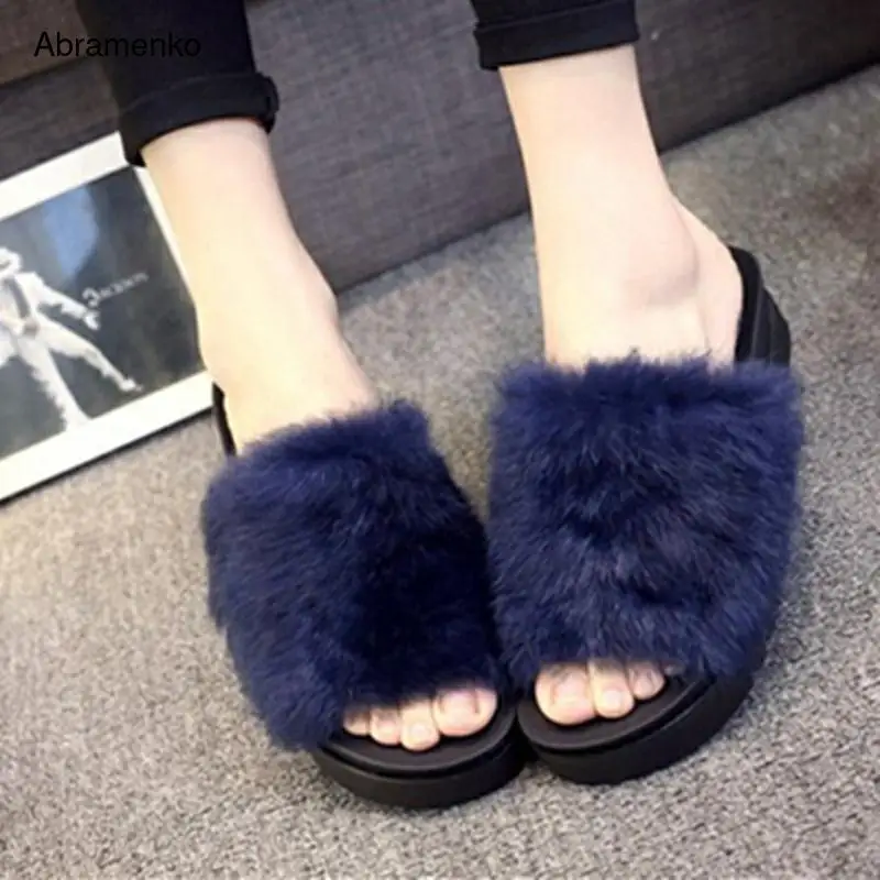 

Women Flips Flops 2018 Winter Warm Fur Shoes Woman Slippers Fashion Platform Female Slides Shoes Woman Flat Slippers Women Size8