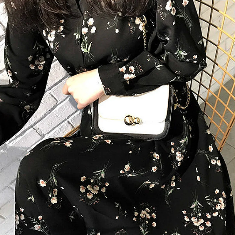 

Long Sleeve Dress Women Floral Printing Vintage Plus Size 3XL Fall Chiffon Dresses Womens All-match Fashion Elegant Chic Ins New