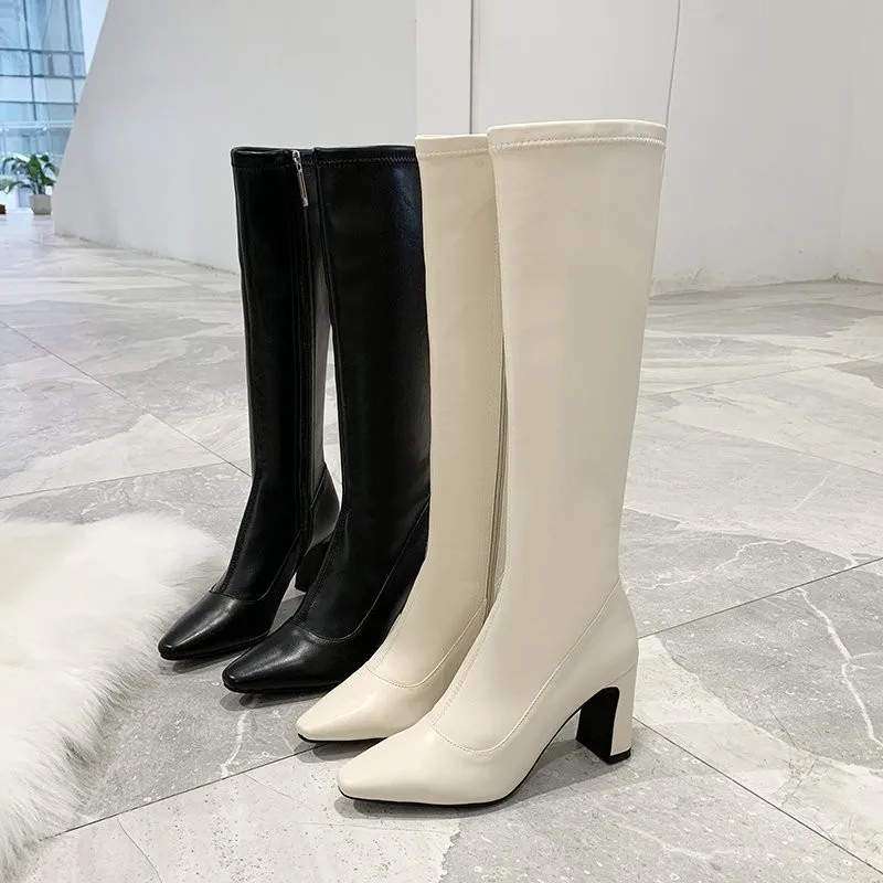 2022 white black white ladies knee high boots PU leather pointed toe ladies short plush ladies winter boots