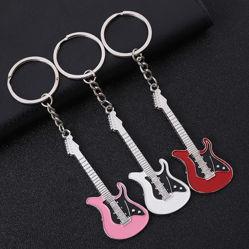 

New Men Womens Guitar Keychains Pendant Pink Blue Red Black Key Chain Charms for Bag Car Keyring Accessories Creativity Gift