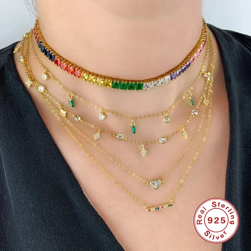 

AIDE 925 Silver Colorful Zircon Necklace for Women 2021 Jewelry on the neck Gold Chain Choker Clavicle Mujer Collares Bijoux CZ