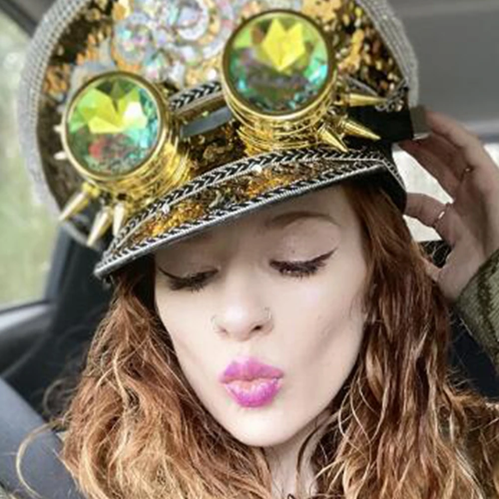 Кепка в стиле стимпанк женская роскошная милитари с очками топ блестками для
