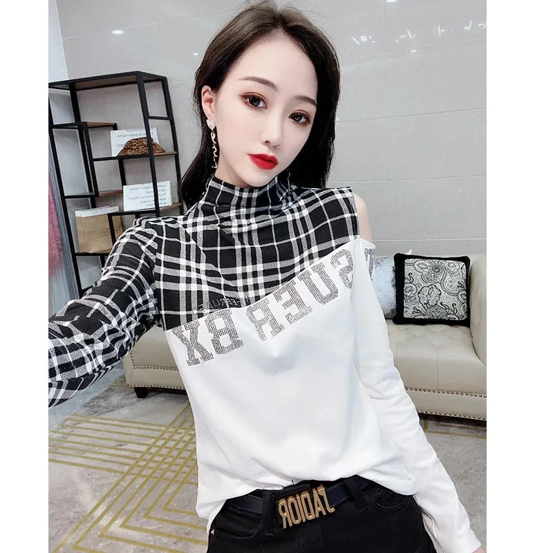 

2021 Spring And Autumn New Letter Plaid Color Matching High Neck T-Shirt Women Long-Sleeved Bottoming Shirt