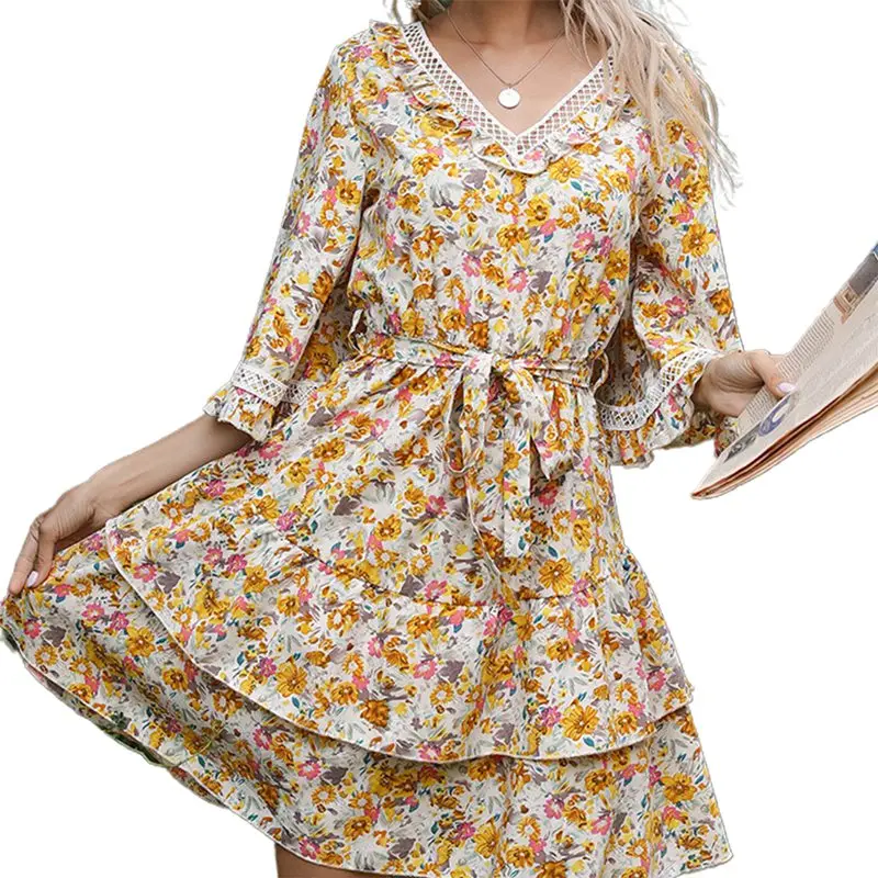 

Masquerade Country Style Women Dresses Summer V Neck Ruffle Short Sleeve Floral Print Dress Lace Party Mini Dress Sundress Robe